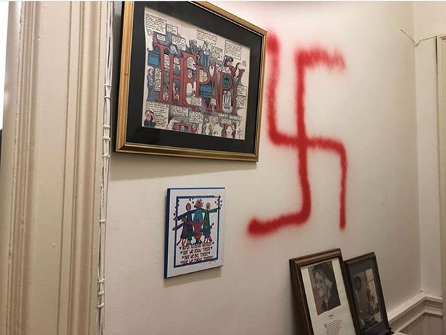 A Jewish professor's office at Columbia Teachers College was vandalized with anti-Semitic graffiti, including swastikas and an anti-Semitic slur.