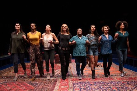 Liz Wisan, Fedna Jacquet, DeLanna Studi, Patricia Kalember, Patrena Murray, Francesca Fernandez McKenzie, Joanna Glushak, and Brittany K. Allenin GLORIA: A Life by Emily Mann, directed by Diane Paulus, at the Daryl Roth Theatre.