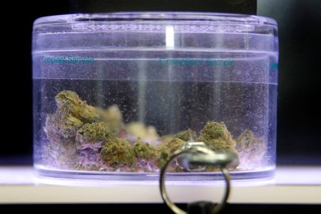 Marijuana buds are locked on display at a medical marijuana dispensary New Jersey.