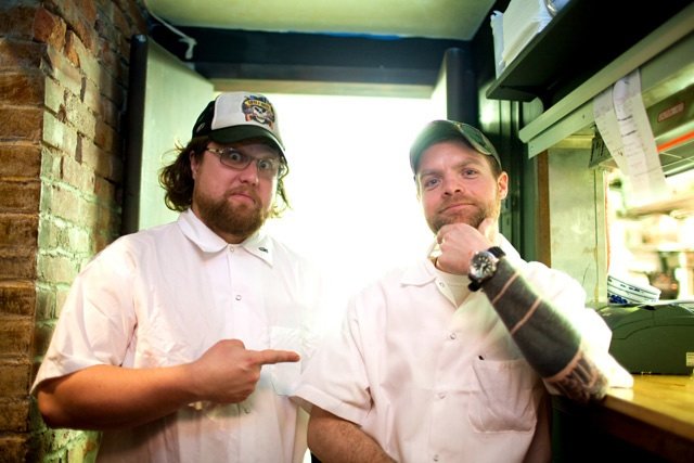 040511cue2.jpg Zak Pelaccio and Executive Chef Andrew Pressler at Fatty 'Cue, which won the Best New Brooklyn Restaurant award from Time Out New York readers. (Katie Sokoler/Gothamist) TONY Awards: For three weeks, opinionated readers of Time Out NY have been voting for their favorite restaurants, chefs, bars, "empire builder," etc. And last night, at a party at (Le) Poisson Rouge, the winners were announced, as where ten Criticsâ Picks awards, which included plaudits for Painkiller Tiki Bar (Best Lei in Town), Dram (Best New cocktail bar), and The John Dory Oyster Bar (Best Comeback, but also worthy of an award for best fish tanks). The event also featured some food samples from popular establishments like Pies 'n' Thighs and ABC Kitchen, which served up a bacon doughnut that was a Gothamist favorite despite a consensus that we're all getting tired of bacon on everything. But our favorite was the Honey and Salt custardy pie from Four & Twenty Blackbirds. Located at 439 3rd Avenue in Gowanus, this place is dangerously addictive, what with Speedo season on the horizon. Nevertheless, we highly endorse their award for Artisan of the Year.