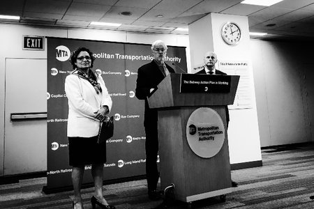 Ronnie Hakim, Pat Foye, and Andy Byford at Wednesday's press conference.