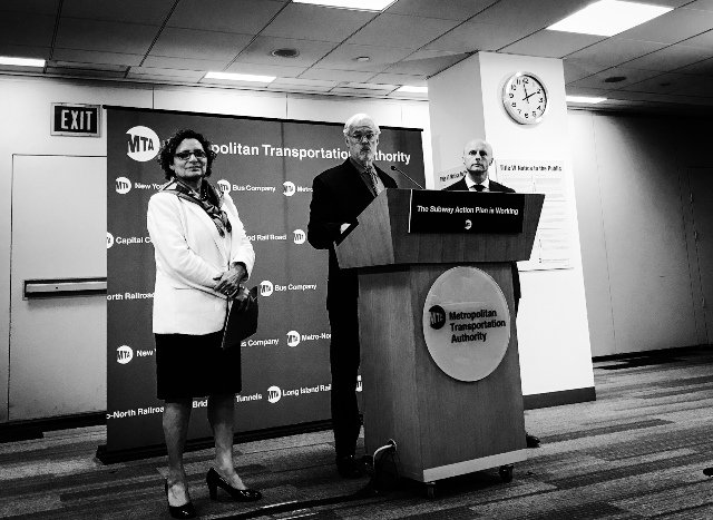 Ronnie Hakim, Pat Foye, and Andy Byford at Wednesday's press conference.