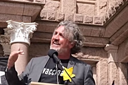 Del Bigtree seen here giving a speech on the alleged dangers of vaccinations in March.
