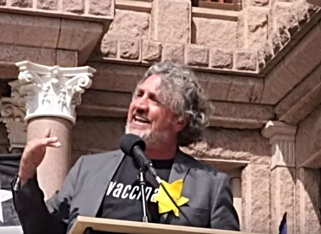 Del Bigtree seen here giving a speech on the alleged dangers of vaccinations in March.