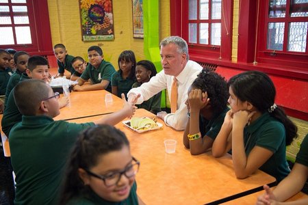 Mayor de Blasio at PS 69 in the Bronx in 2014.