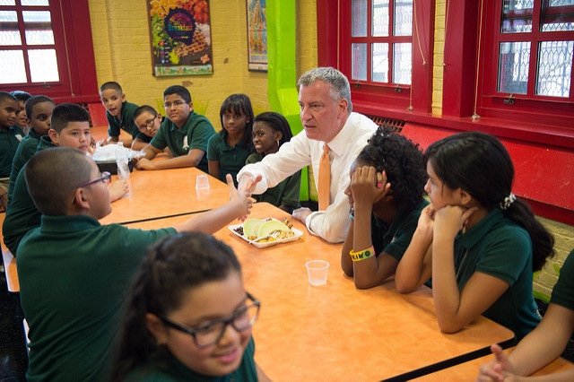 Mayor de Blasio at PS 69 in the Bronx in 2014.