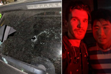 The broken rear windshield; Collin Morris and the driver