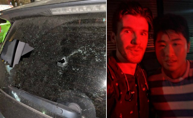 The broken rear windshield; Collin Morris and the driver