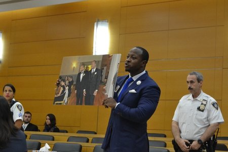 Carey Gabay's younger brother Aaron McNaughton delivers a victim's impact statement in Brooklyn court yesterday.