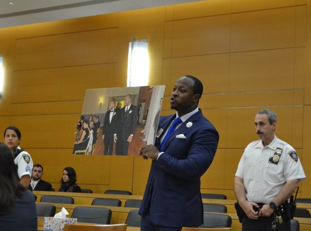 Carey Gabay's younger brother Aaron McNaughton delivers a victim's impact statement in Brooklyn court yesterday.