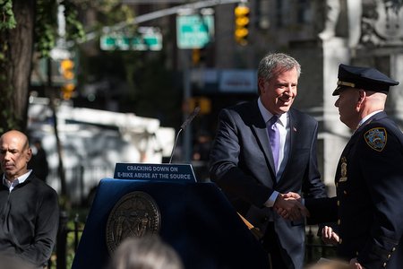 NYC Mayor Bill de Blasio announces a crackdown on the illegal use of e-bikes in New York City on Thursday October 19, 2017.