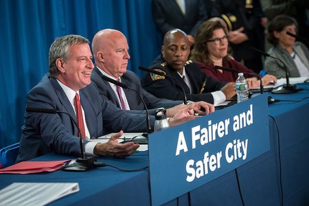 Mayor Bill de Blasio making an announcement this past June