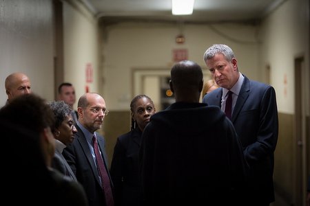 Mayor de Blasio and city homelessness Commissioner Steven Banks