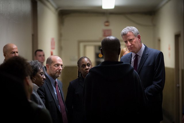 Mayor de Blasio and city homelessness Commissioner Steven Banks