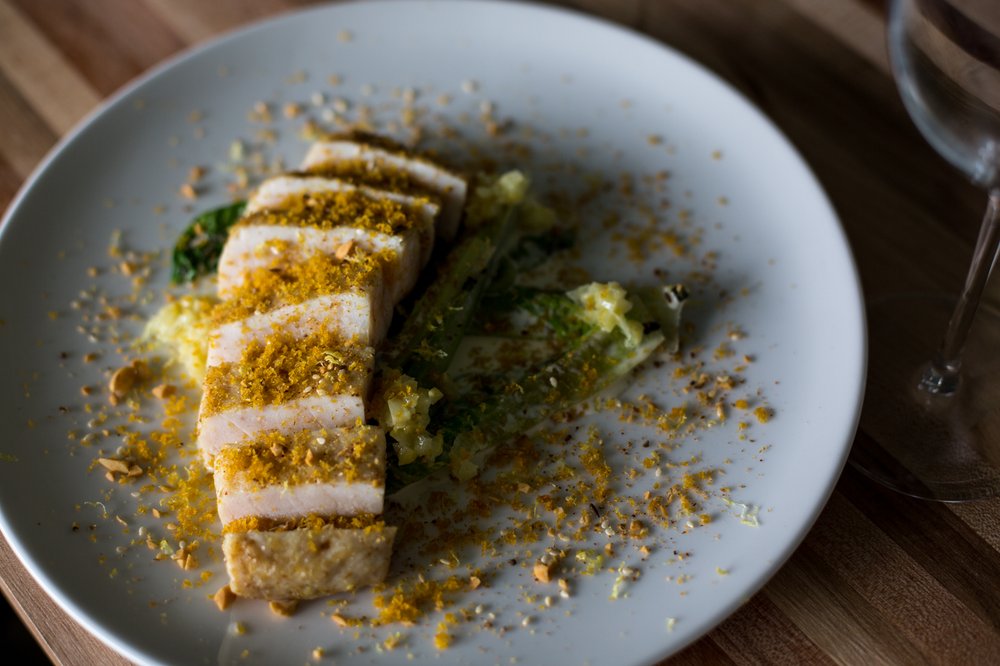 Swordish with creamed lettuce, bottarga and lemon cashews<br>