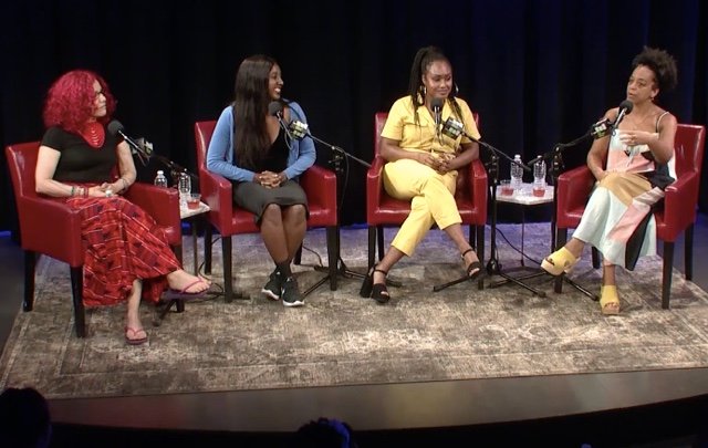 Rebecca Carroll at far right and guests, from left, Mona Eltahawy, Ziwe Fumudoh, and Kara R. Brown discuss how racism is considered today at The Greene Space, June 18, 2018