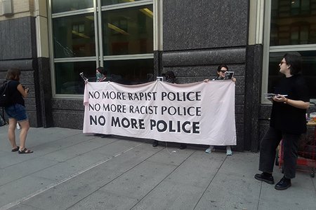 The victim's supporters stood outside the Brooklyn courthouse in 2018.