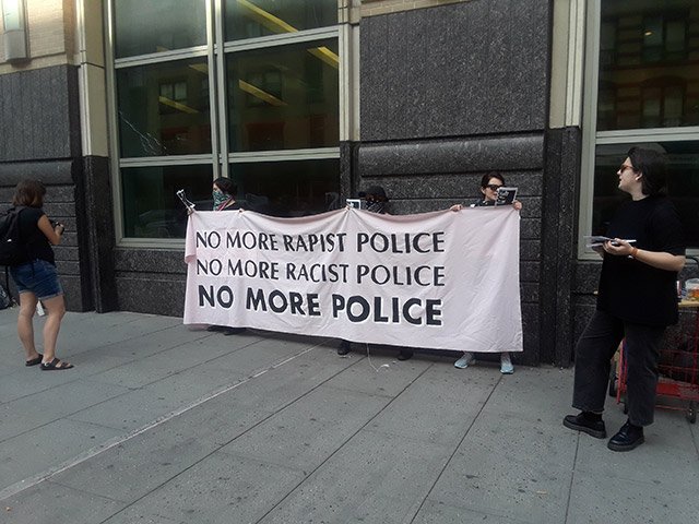 The victim's supporters stood outside the Brooklyn courthouse in 2018.