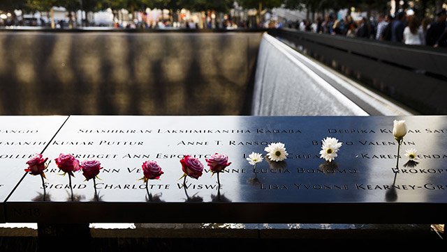 Flowers placed at the 9/11 Memorial during the 2017 anniversary ceremony