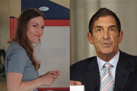 Allesandra Biaggi votes in Thursday's primary, which unseated State Senator Jeff Klein, right.