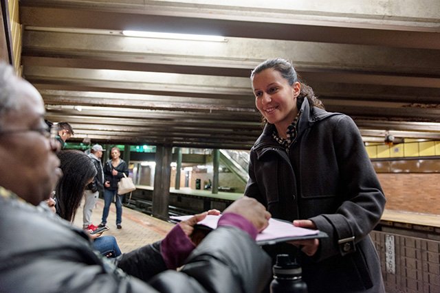 Queens DA candidate Tiffany Cabán canvasses at the 21st Street-Queensbridge on Saturday, March 16th, seeking out registered local Democrats to sign a petition to put Caban on the ballot for a June 25th primary election.