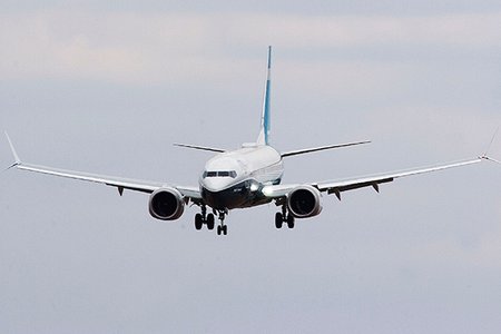 Boeing new 737-7 Max airliner displays at Farnborough international Air Show in 2018