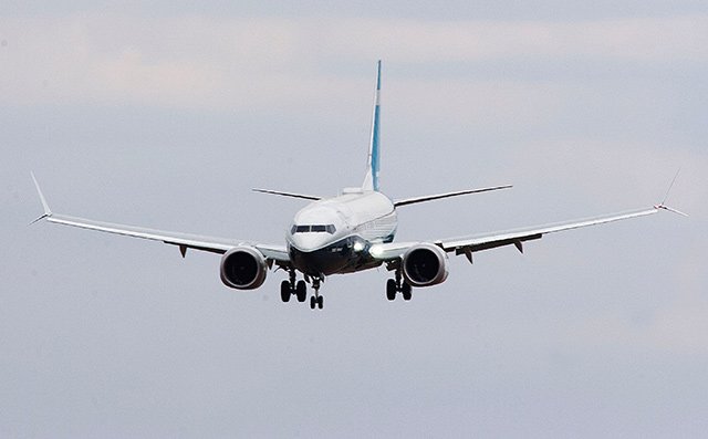 Boeing new 737-7 Max airliner displays at Farnborough international Air Show in 2018