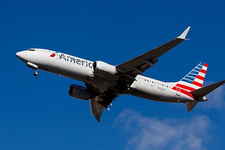 An American Airlines Boeing 737 Max 8 above LaGuardia Airport.
