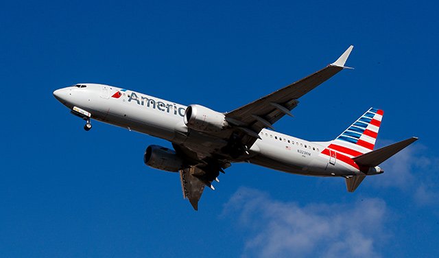 An American Airlines Boeing 737 Max 8 above LaGuardia Airport.