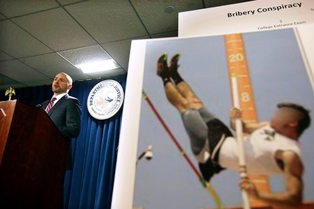 U.S. Attorney for District of Massachusetts Andrew Lelling, left, announces indictments in a sweeping college admissions bribery scandal; this image shows a stock image of a pole vaulter used to help pad students' applications