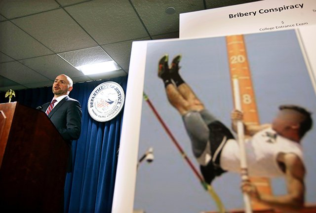 U.S. Attorney for District of Massachusetts Andrew Lelling, left, announces indictments in a sweeping college admissions bribery scandal; this image shows a stock image of a pole vaulter used to help pad students' applications