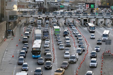 Cars in Weehawken, NJ waiting to enter New York CIty at the Lincoln Tunnel