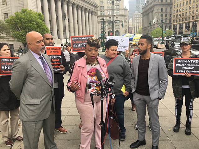 Gwen Carr, the mother of Eric Garner, speaks outside state supreme court yesterday.