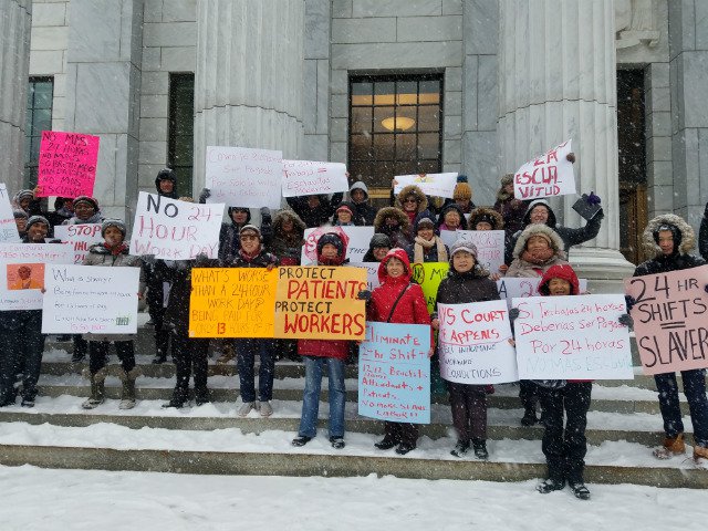 Home health aide workers rally outside the New York Court of Appeals in Albany last month
