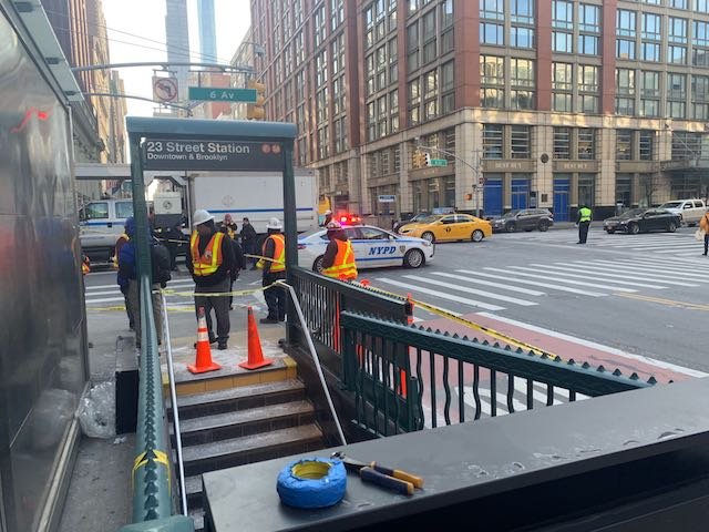 A tractor trailer crashed into the entrance to the F and M trains at 23rd Street and 6th Avenue.