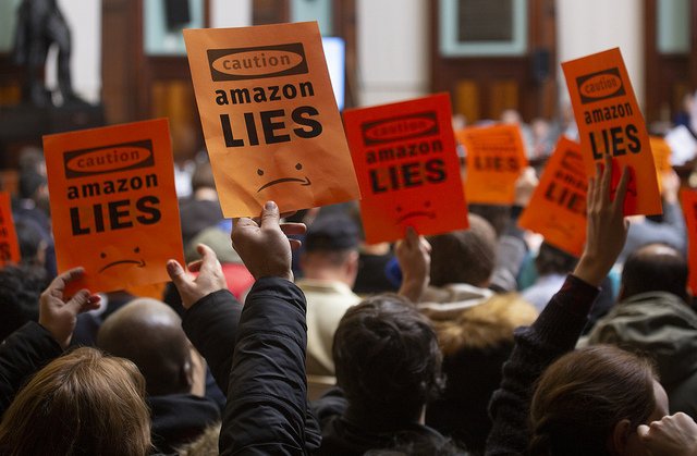 Protesters at last week's City Council hearing on the Amazon deal