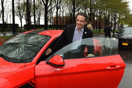Governor Andrew M. Cuomo drives a brand new Roush Super-charged Ford Mustang to the 2019 New York Auto Show at the Jacob Javits Convention Center in New York City Saturday April 20, 2019