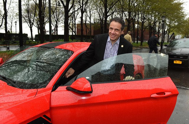 Governor Andrew M. Cuomo drives a brand new Roush Super-charged Ford Mustang to the 2019 New York Auto Show at the Jacob Javits Convention Center in New York City Saturday April 20, 2019
