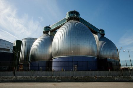 The digester eggs at the Newtown Creek Wastewater Treatment Plant.