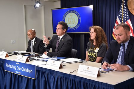 Governor Cuomo announces the speed camera fix with Chief Counsel Alphonso David, NYC Council Speaker Corey Johnson, and Amy Cohen, the founder of Families for Safe Streets