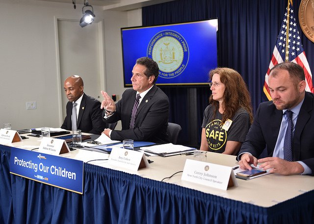 Governor Cuomo announces the speed camera fix with Chief Counsel Alphonso David, NYC Council Speaker Corey Johnson, and Amy Cohen, the founder of Families for Safe Streets