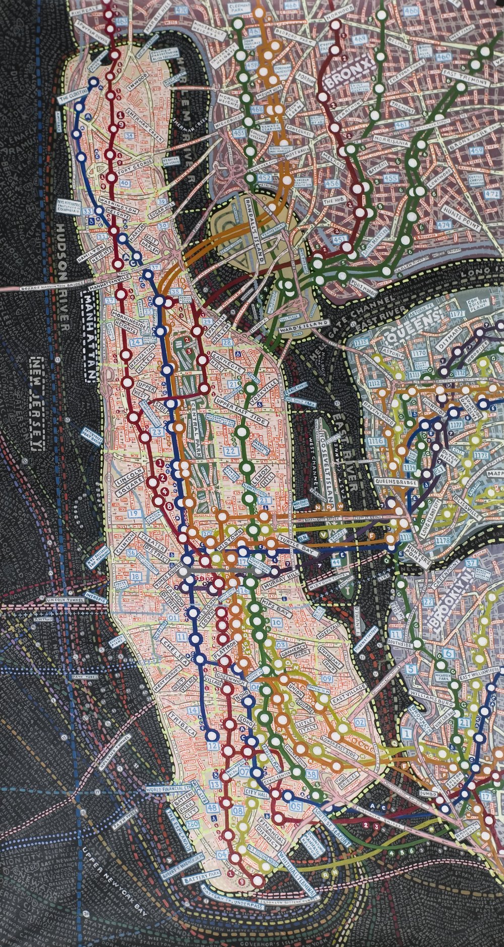 82e66c54enyc-transit-2007-jpg.jpeg Celebrated graphic designer Paula Scher paints maps of the world as she sees it featuring torrents of information and colorful layers of type and image. NYC Transit, 2007; Courtesy of the Artist.<br/>