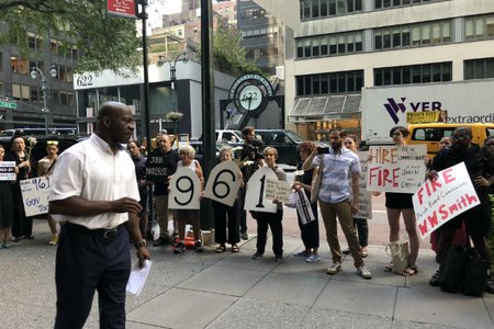 James Royall, a reentry advocate for the Brooklyn Defender Services, speaks outside Governor Cuomo's office on Monday morning