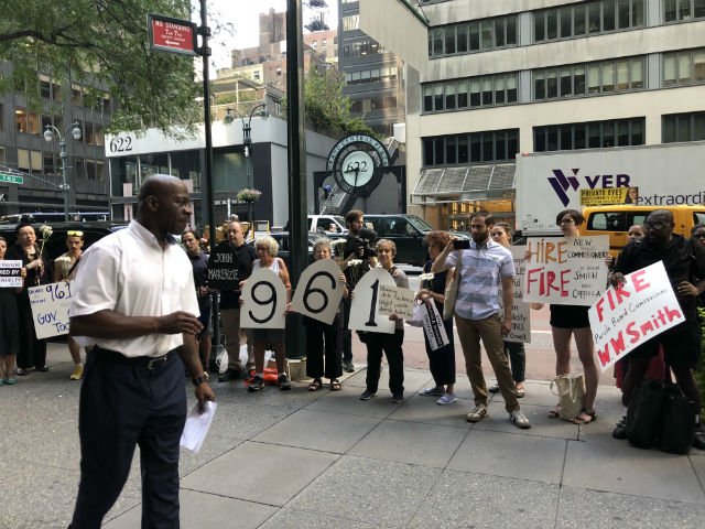 James Royall, a reentry advocate for the Brooklyn Defender Services, speaks outside Governor Cuomo's office on Monday morning