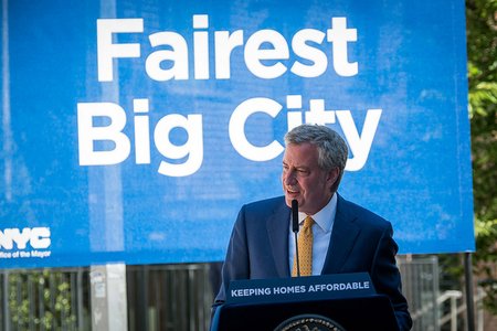 Mayor Bill de Blasio announces the progress in his affordable housing initiative last month