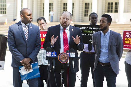 Councilmember Rory Lancman speaking at a press conference about marijuana policy last month