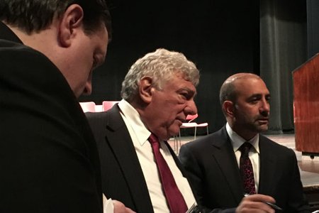 Brooklyn Democratic Party boss Frank Seddio, center, before the start of the county committee meeting Thursday night