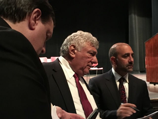 Brooklyn Democratic Party boss Frank Seddio, center, before the start of the county committee meeting Thursday night