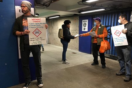 Transit workers leafletted at Bedford Avenue on Wednesday morning.