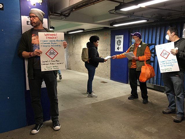 Transit workers leafletted at Bedford Avenue on Wednesday morning.